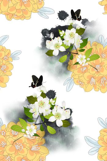 1190309-绣球花底纹泼墨小百花蝴蝶-1