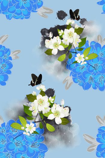 1190310-绣球花底纹泼墨小百花蝴蝶