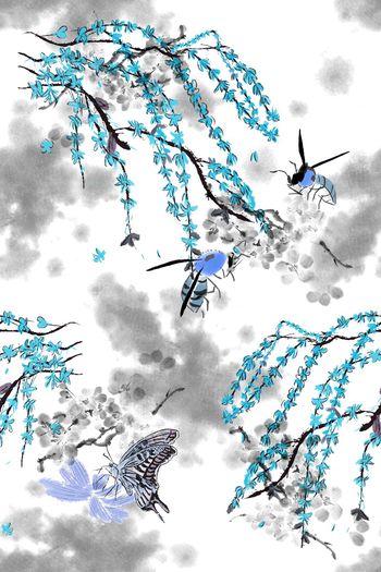 1191376-桃花水墨柳条碎花蜜蜂蝴蝶-1