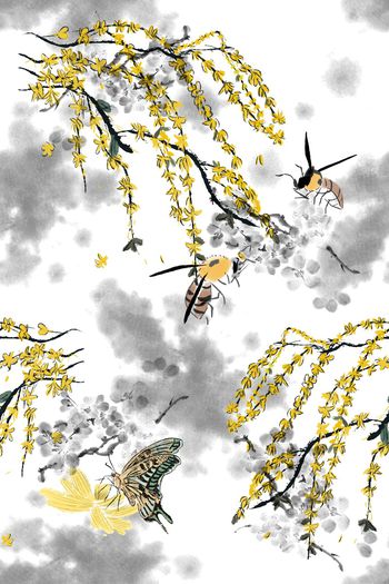 1191377-桃花水墨柳条碎花蜜蜂蝴蝶