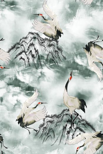 1191421-水墨底纹仙鹤群山