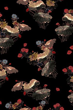 黑底花卉印花华亿平台图片