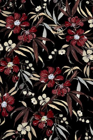 黑底花卉印花华亿平台图片