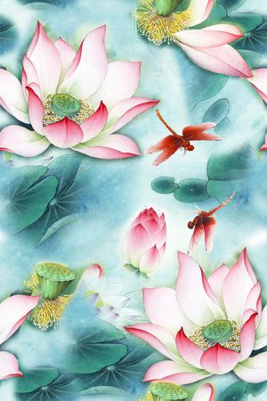 荷叶荷花印花华亿平台图片