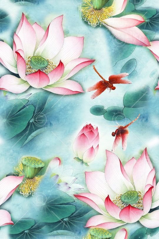 荷叶荷花印花华亿平台图片