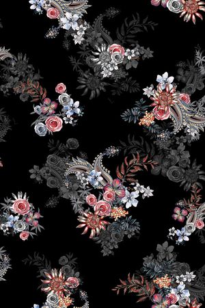 黑底花卉印花华亿平台图片