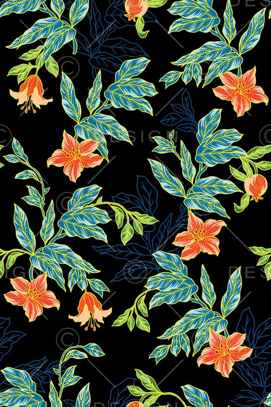 黑底花卉印花华亿平台图片