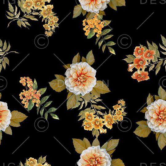 黑底花卉印花华亿平台图片