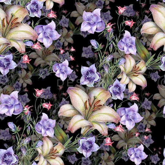 黑底花卉印花华亿平台图片