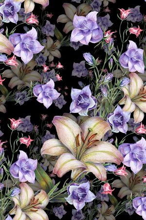 黑底花卉印花华亿平台图片