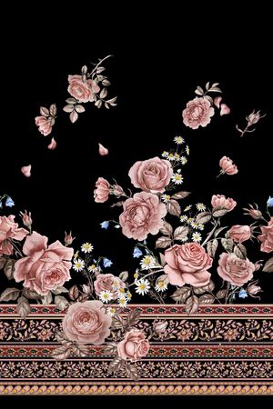 黑底花卉印花华亿平台图片
