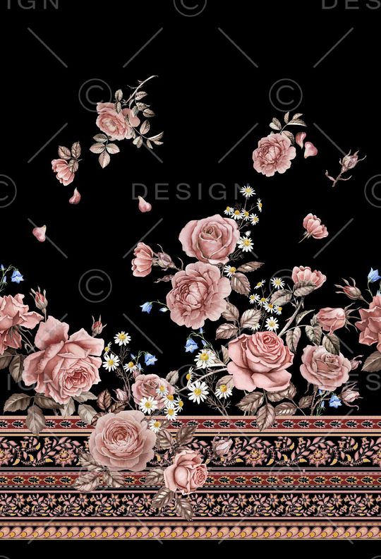 黑底花卉印花华亿平台图片