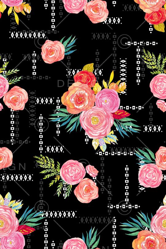 黑底花卉印花华亿平台图片