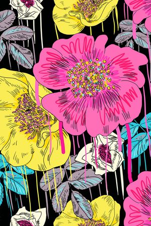 黑底花卉印花华亿平台图片