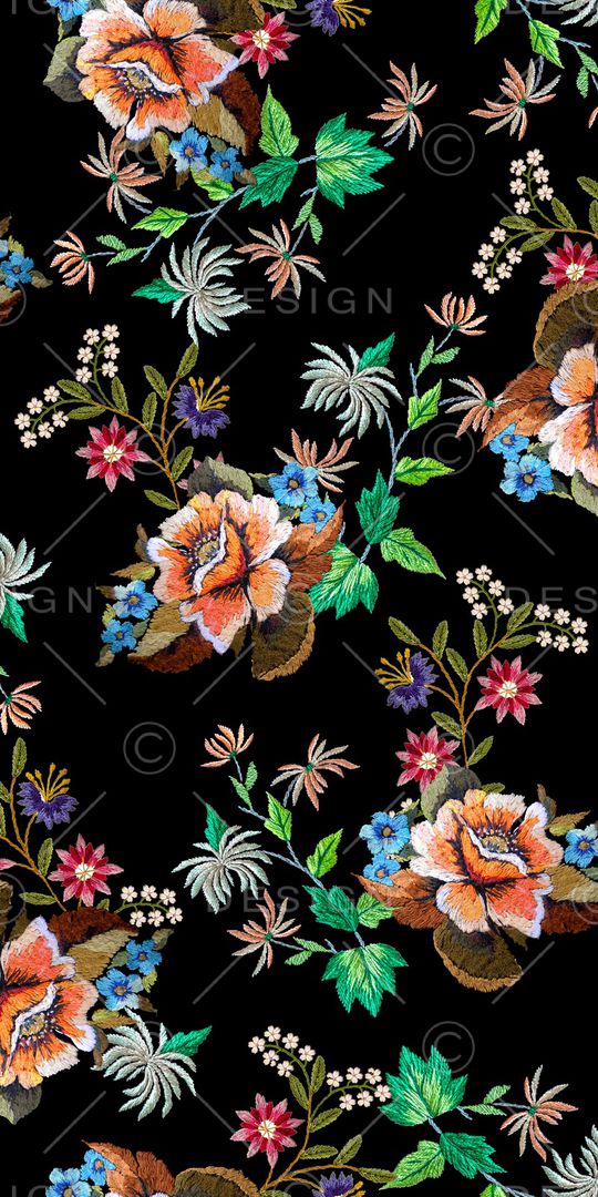 黑底花卉印花华亿平台图片