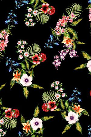 黑底花卉印花华亿平台图片