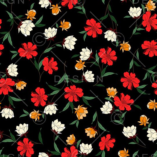 黑底花卉印花华亿平台图片