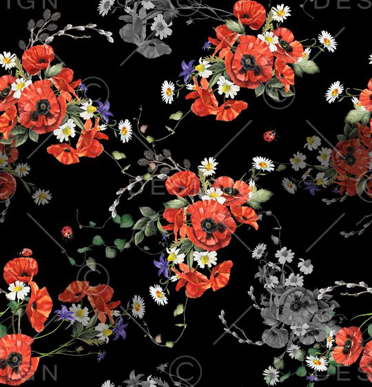 黑底花卉印花华亿平台图片