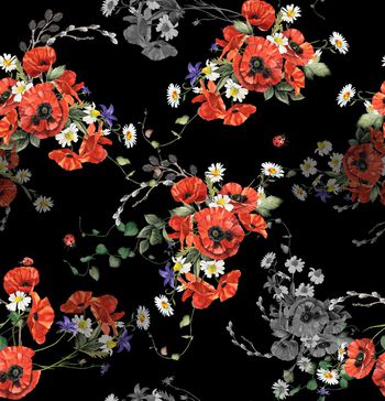 黑底花卉印花华亿平台图片