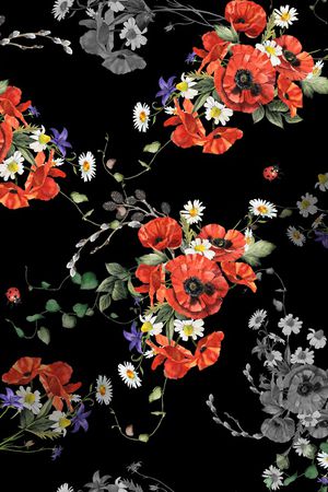 黑底花卉印花华亿平台图片