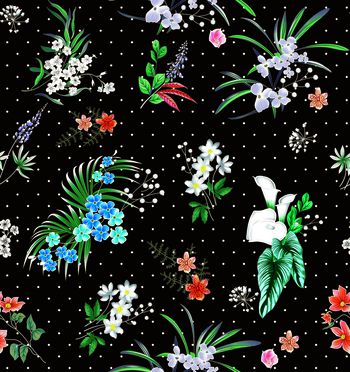 黑底花卉印花华亿平台图片