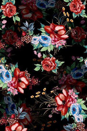 黑底花卉印花华亿平台图片