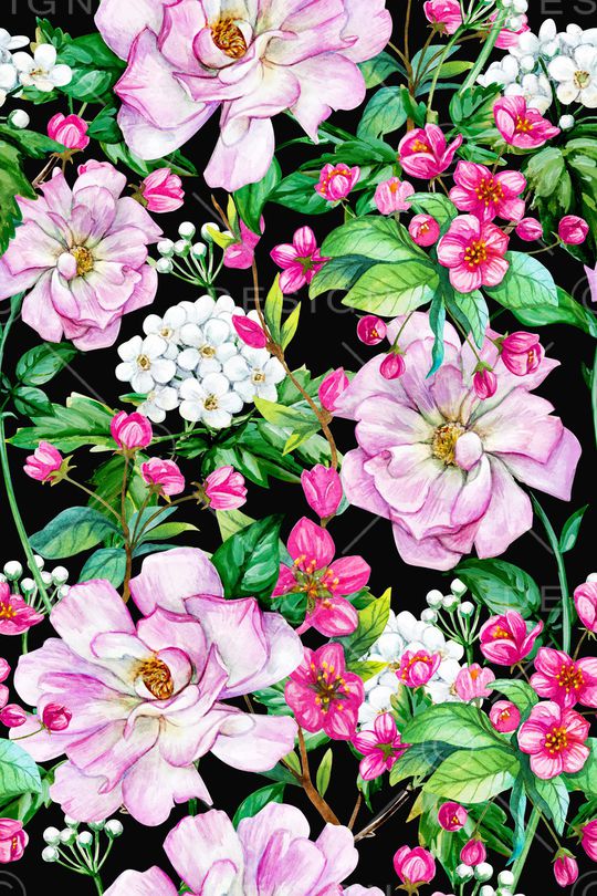 黑底花卉印花华亿平台图片