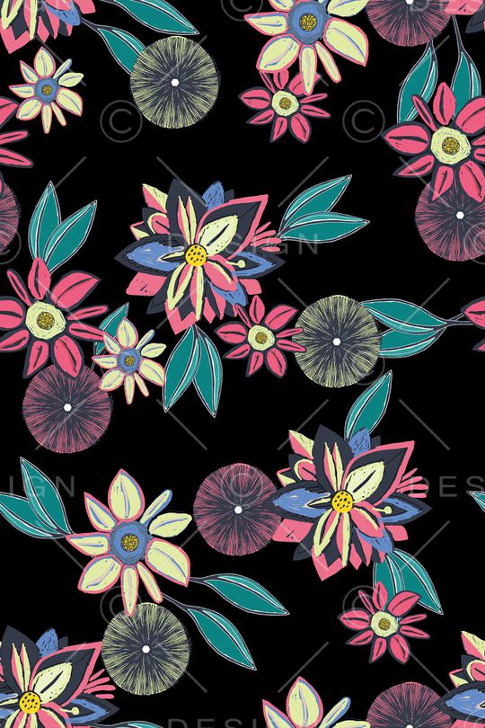 黑底花卉印花华亿平台图片