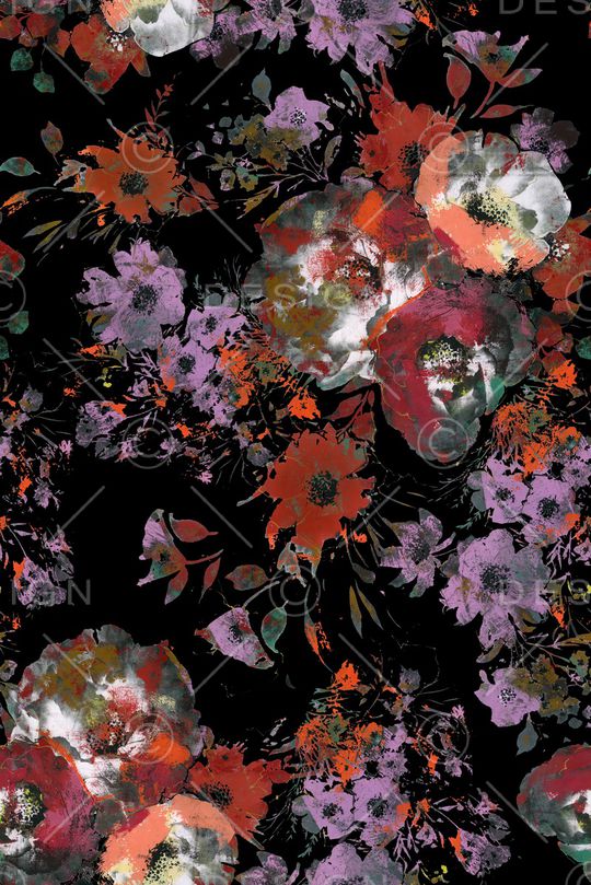 黑底花卉印花华亿平台图片