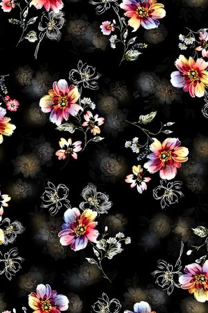 黑底花卉印花华亿平台图片