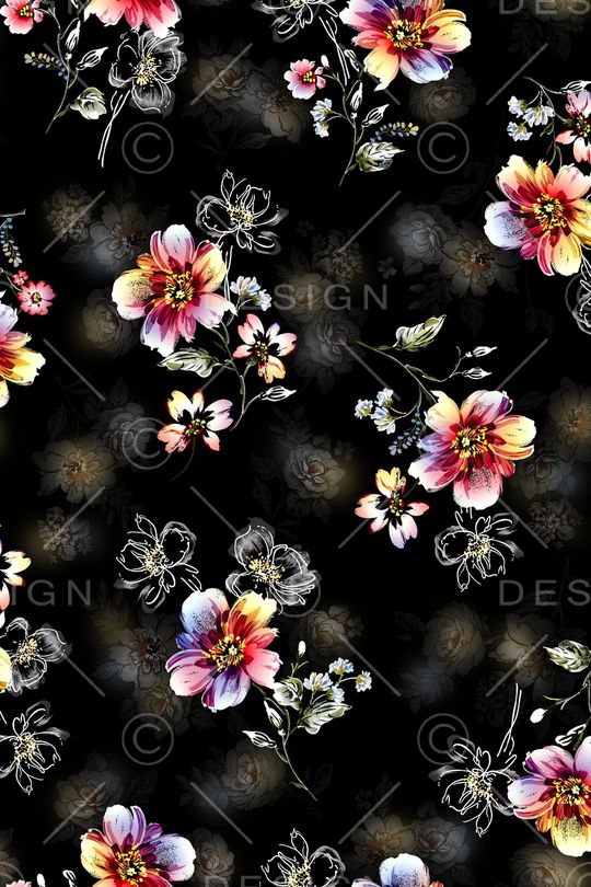 黑底花卉印花华亿平台图片