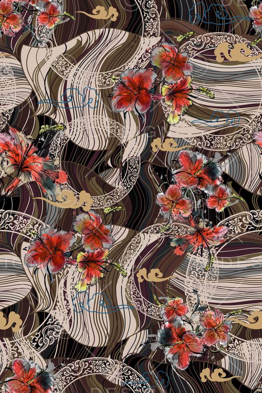 黑底花卉印花华亿平台图片