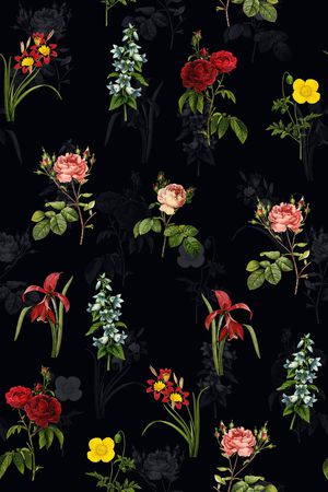 黑底花卉印花华亿平台图片