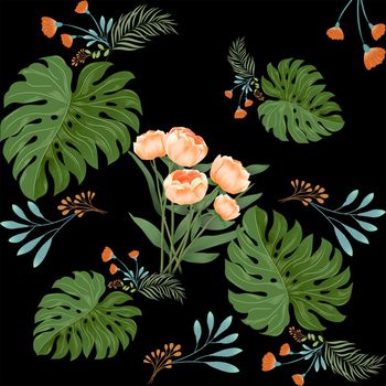 黑底花卉印花华亿平台图片