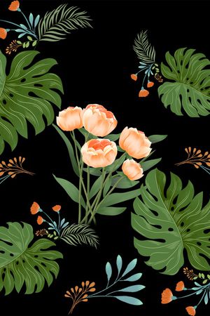 黑底花卉印花华亿平台图片