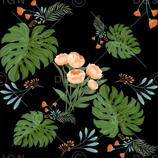 黑底花卉印花华亿平台图片