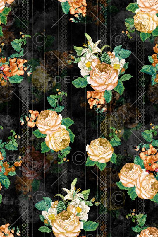 黑底花卉印花华亿平台图片