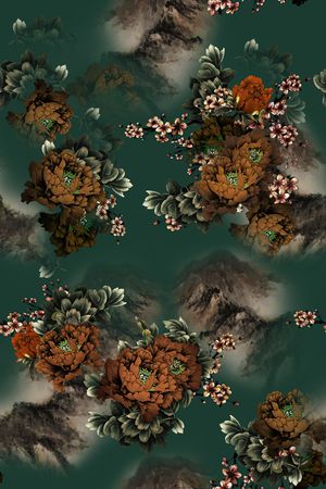 黑底花卉印花华亿平台图片