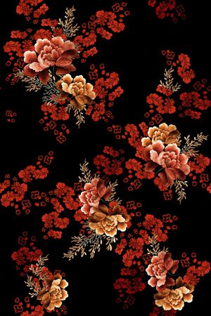 黑底花卉印花华亿平台图片