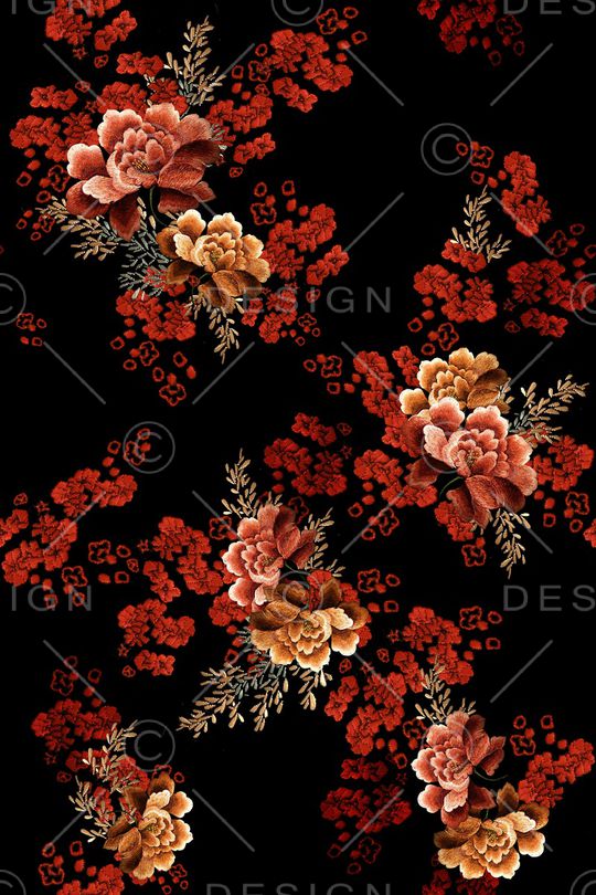 黑底花卉印花华亿平台图片