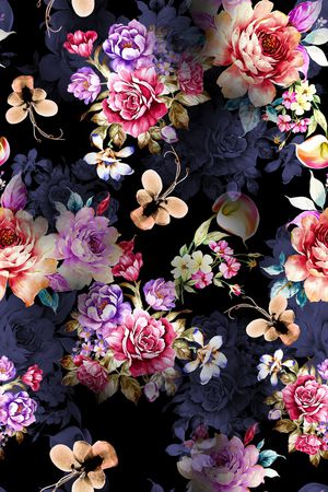 黑底花卉印花华亿平台图片