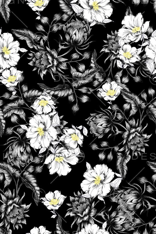黑底花卉印花华亿平台图片