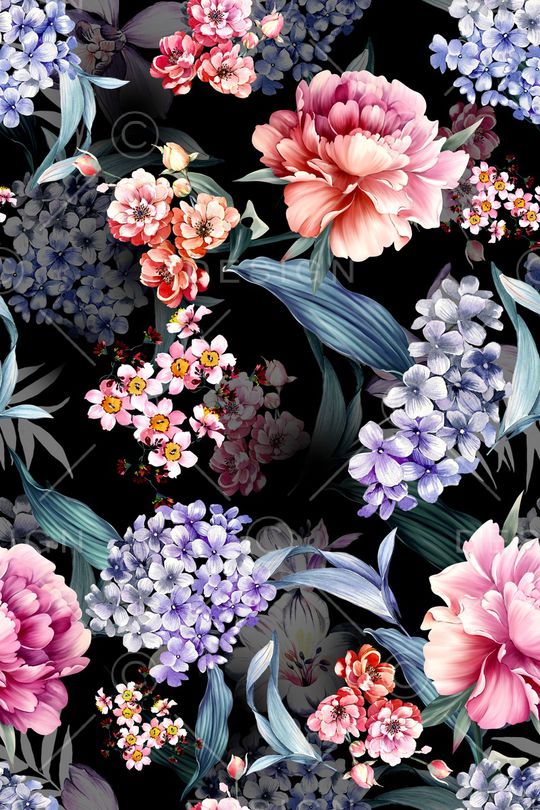 黑底花卉印花华亿平台图片