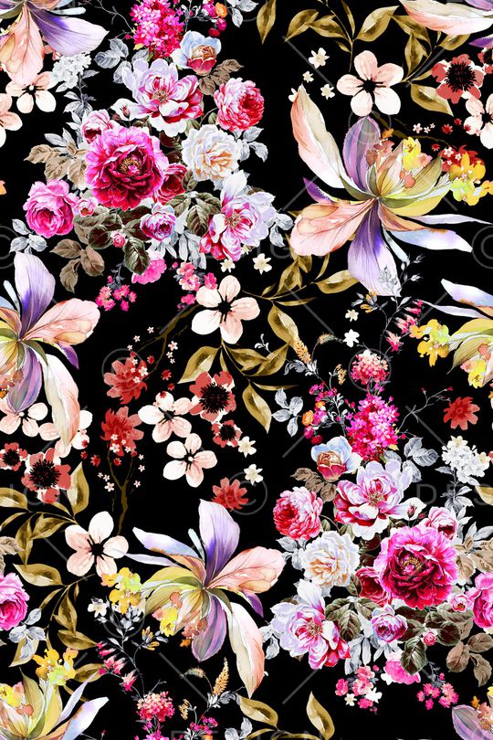 黑底花卉印花华亿平台图片