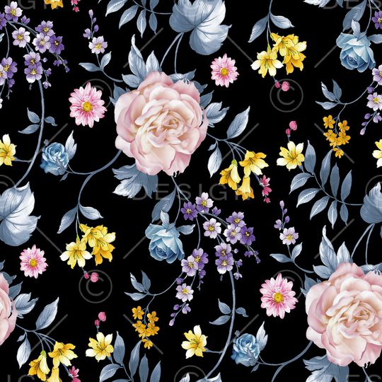 黑底花卉印花华亿平台图片