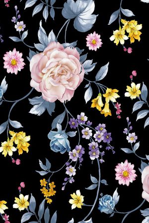 黑底花卉印花华亿平台图片