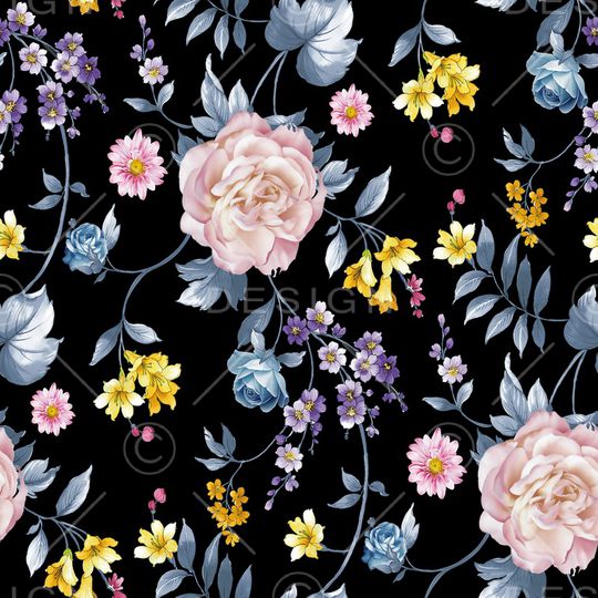 黑底花卉印花华亿平台图片