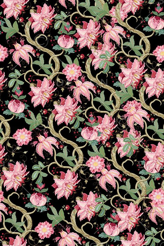 黑底花卉印花华亿平台图片