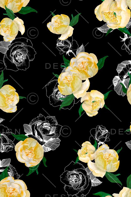 黑底花卉印花华亿平台图片