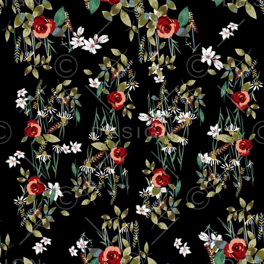 黑底花卉印花华亿平台图片